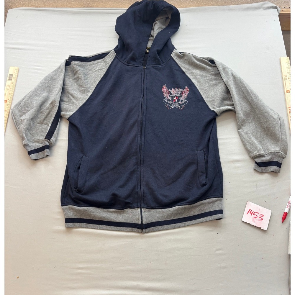 Decoded Mens XL Full Zip Hoodie Navy Gray Raglan Crest EST 1999 Sweatshirt